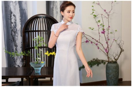 清爽伊人淡藍(lán)色旗袍，網(wǎng)狀鏤空旗袍裙