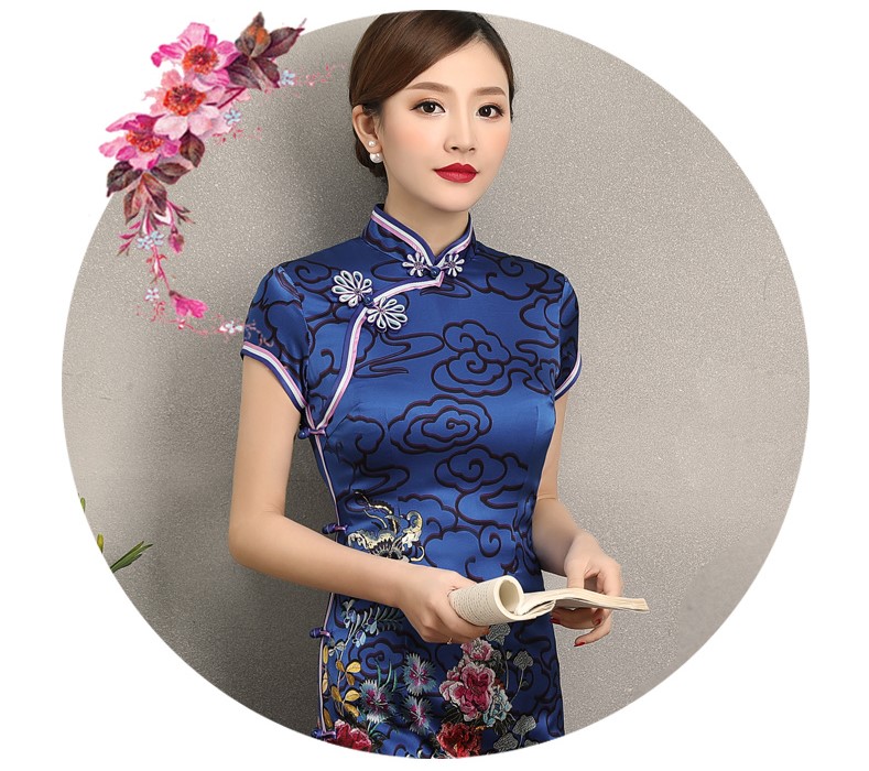 藍云真絲旗袍，古典祥云旗袍裙