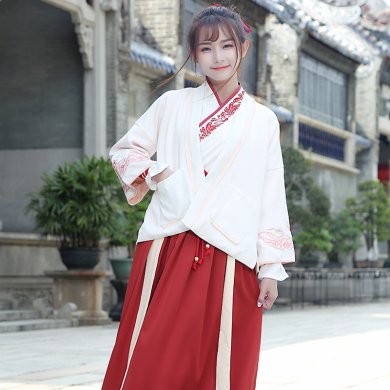 紅白交配繡花漢服，改良漢服斜交齊腰襦裙