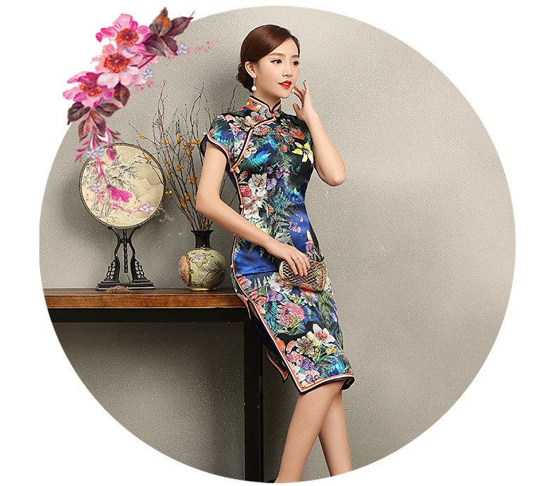 蔓如花靚麗旗袍，唯美短袖印花旗袍裙
