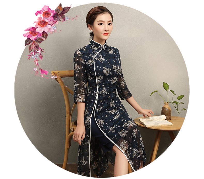 復(fù)古格子藍(lán)侶旗袍，藏藍(lán)色印花旗袍裙
