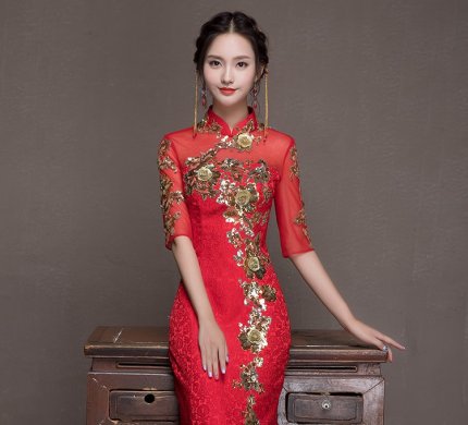 金枝玉葉中式禮服，魚尾牡丹花晚禮服