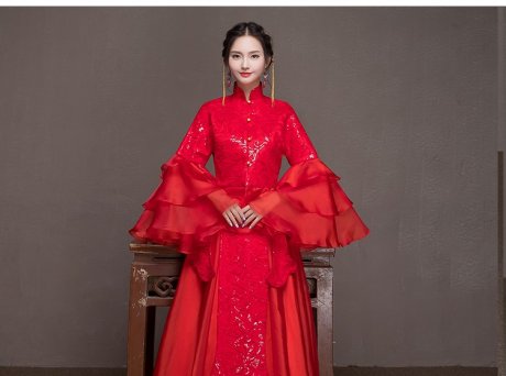 荷葉邊袖新娘結(jié)婚禮服，優(yōu)雅網(wǎng)紗蓬松中式禮服