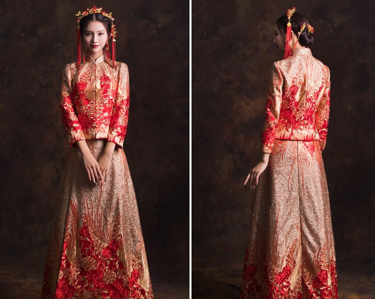 古典新娘結(jié)婚禮服，喜悅花朵中式禮服