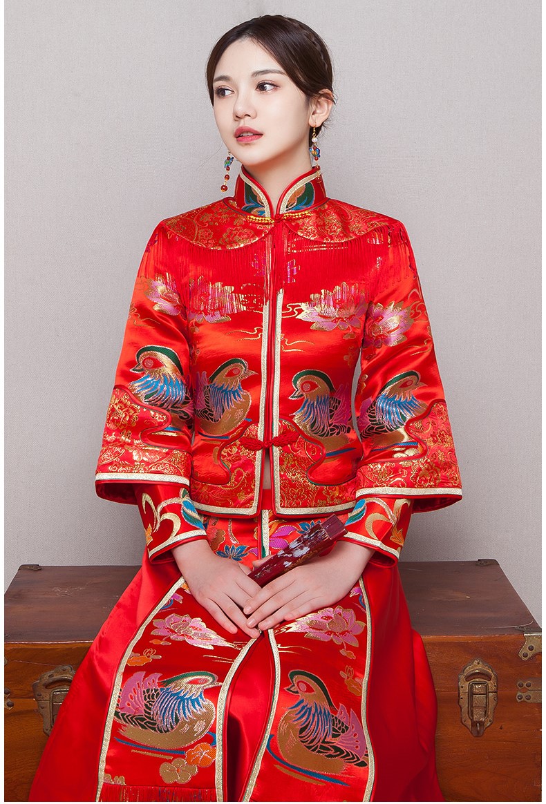 鴛鴦戲水新娘禮服，唯美流蘇中式禮服