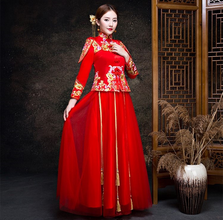 金玉良緣新娘禮服，小披肩中式禮服