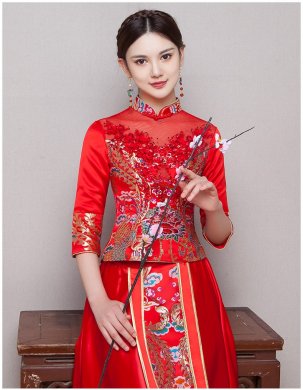 古典華麗新娘禮服，復(fù)古蕾絲中式禮服