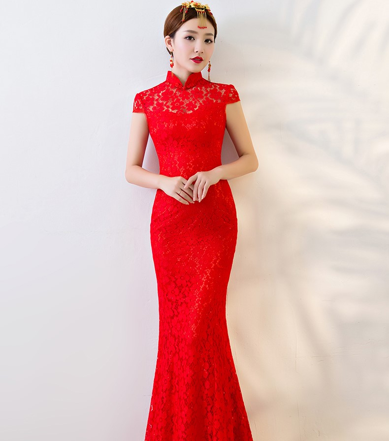 性感蕾絲魚尾中式禮服，華麗復(fù)古晚禮服