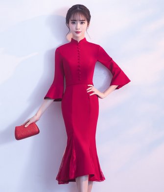 復(fù)古魚尾中式禮服，氣質(zhì)修身晚禮服