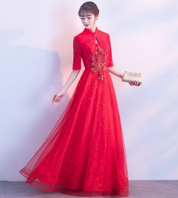 典雅氣質中式禮服，網(wǎng)紗蕾絲晚禮服