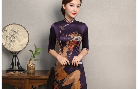 鶴舞紫色旗袍，中國(guó)風(fēng)復(fù)古旗袍裙