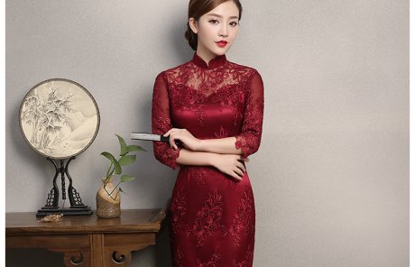 紅色蕾絲旗袍，復(fù)古刺繡旗袍裙