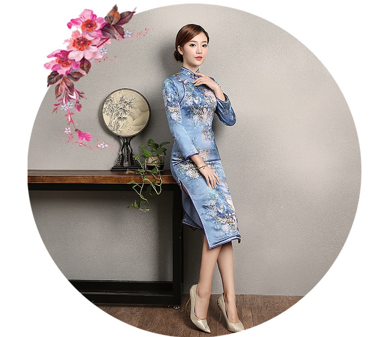 藍(lán)色印花開叉旗袍，時(shí)尚優(yōu)雅旗袍裙