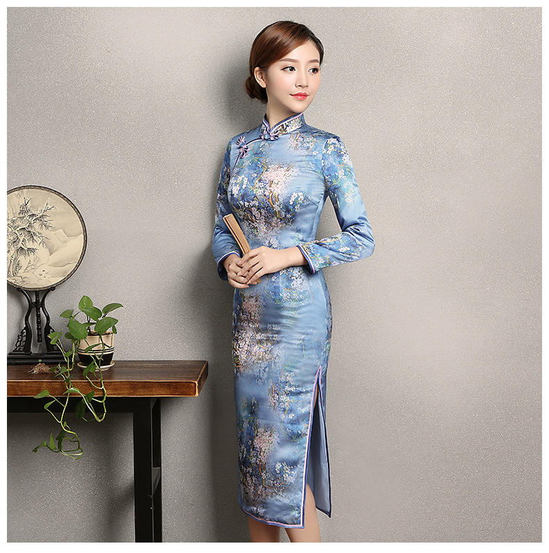 藍(lán)色印花開叉旗袍，時(shí)尚優(yōu)雅旗袍裙