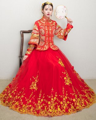復(fù)古龍鳳褂中式禮服，蕾絲網(wǎng)紗裙新娘結(jié)婚禮服