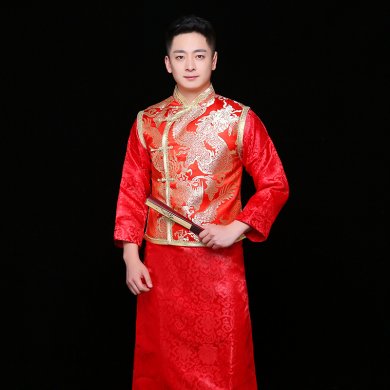 金龍刺繡馬褂男士中式禮服，時(shí)尚新郎禮服