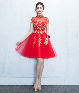 蕾絲復(fù)古立領(lǐng)中式禮服，時(shí)尚優(yōu)雅網(wǎng)紗晚禮服