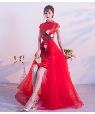 中國風(fēng)紅色蕾絲中式禮服，時(shí)尚古典仙鶴晚禮服