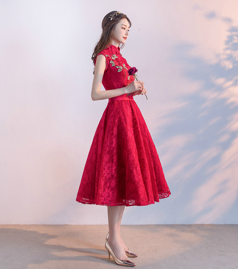 時尚無袖中式禮服，紅色蕾絲印花晚禮服