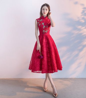 時(shí)尚無袖中式禮服，紅色蕾絲印花晚禮服
