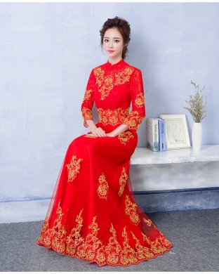中國風蕾絲刺繡中式禮服，紅色復古新娘晚禮服