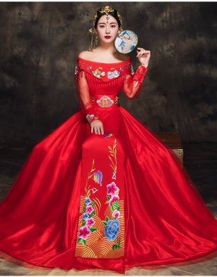 時(shí)尚中國(guó)風(fēng)新娘禮服，一字肩中式結(jié)婚禮服