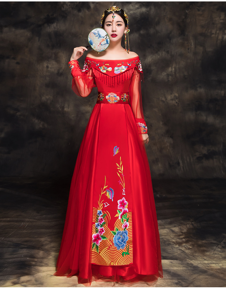 時尚中國風新娘禮服，一字肩中式結婚禮服