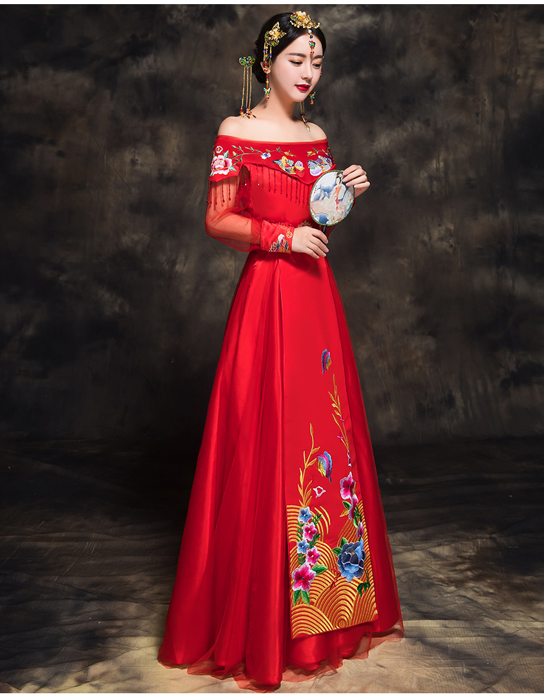 時尚中國風新娘禮服，一字肩中式結婚禮服