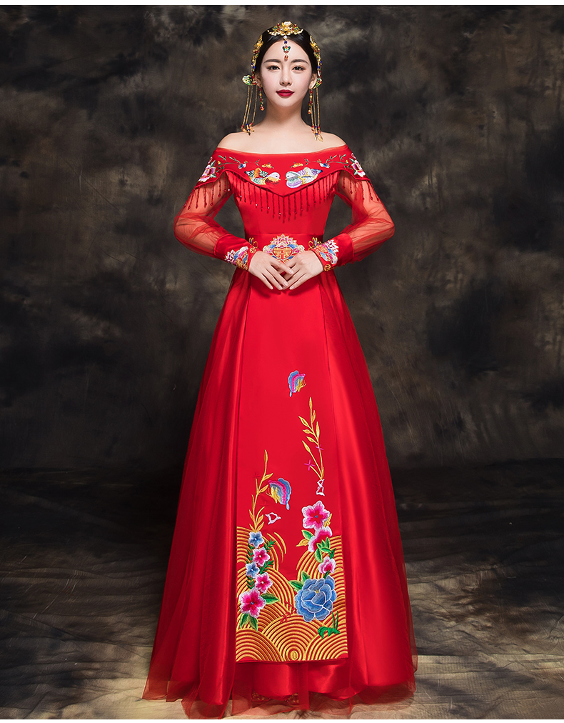 時尚中國風新娘禮服，一字肩中式結婚禮服