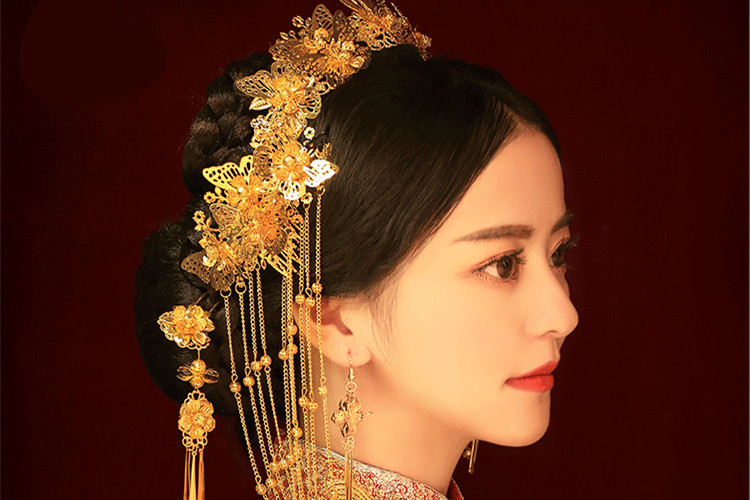 女子金色流蘇古風(fēng)頭飾，鳳冠配飾品
