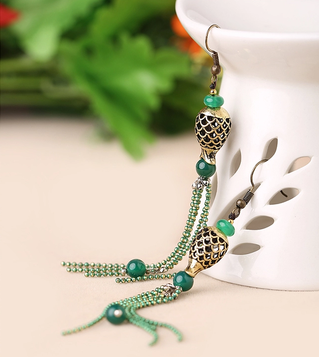 中國風(fēng)人魚的眼淚首飾綠色流蘇耳環(huán)
