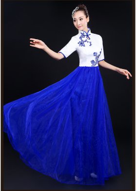 青花瓷民樂服合唱服長裙，中山裝演出服