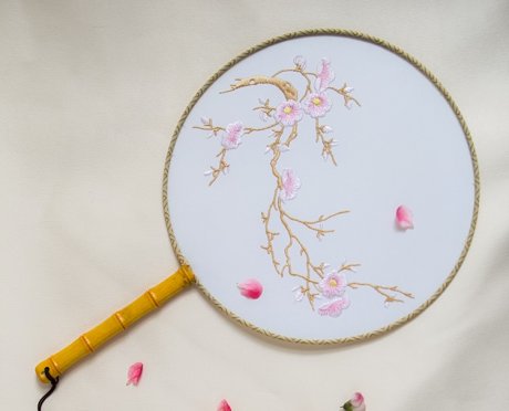 清新桃花刺繡團扇，粉色韻味繡花宮扇工藝扇子
