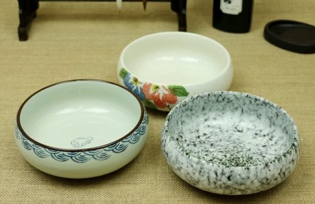 三款手繪陶瓷水淺茶洗水盂，海魚(yú)瓷筆洗