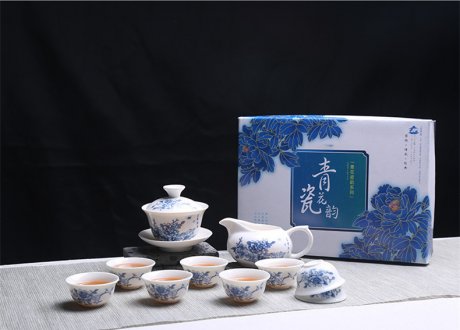 青花瓷茶具套裝禮盒，家用白瓷功夫茶具