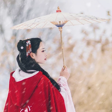 初雪紅披風(fēng)帶傘女生頭像，唯美古風(fēng)真人頭像