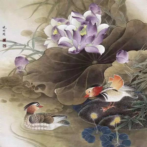 鴛鴦戲水圖集(18張)，好漂亮的國畫圖片
